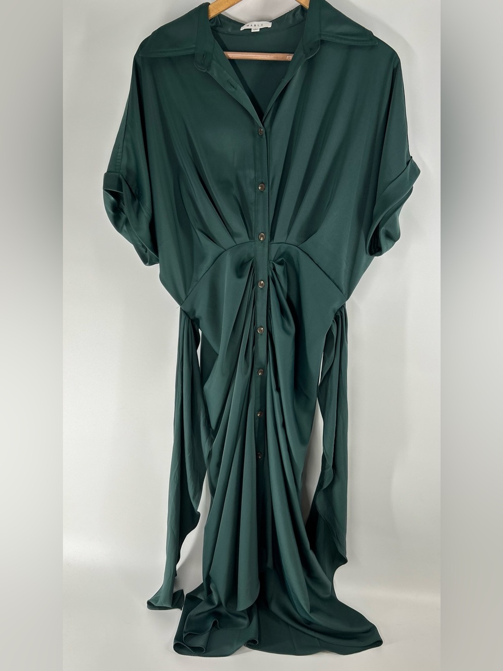 Mable Dark Green Maxi Shirt Dress with Button Front